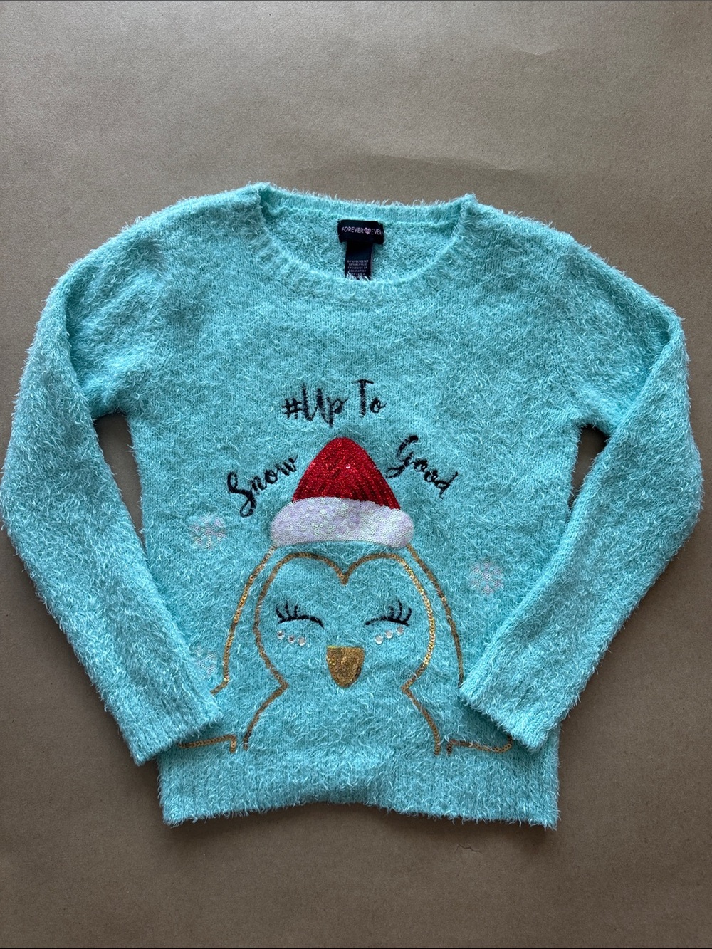 Christmas Ugly Sweater Aqua Fuzzy Penguin Holiday Crewneck